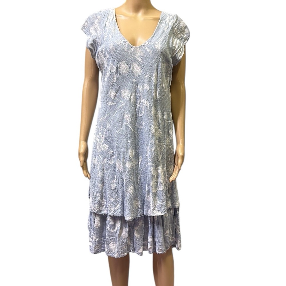 Luca Vanucci Italy Cotton Blue White Floral Lagenlook Cap Sleeve Dress Womens XL